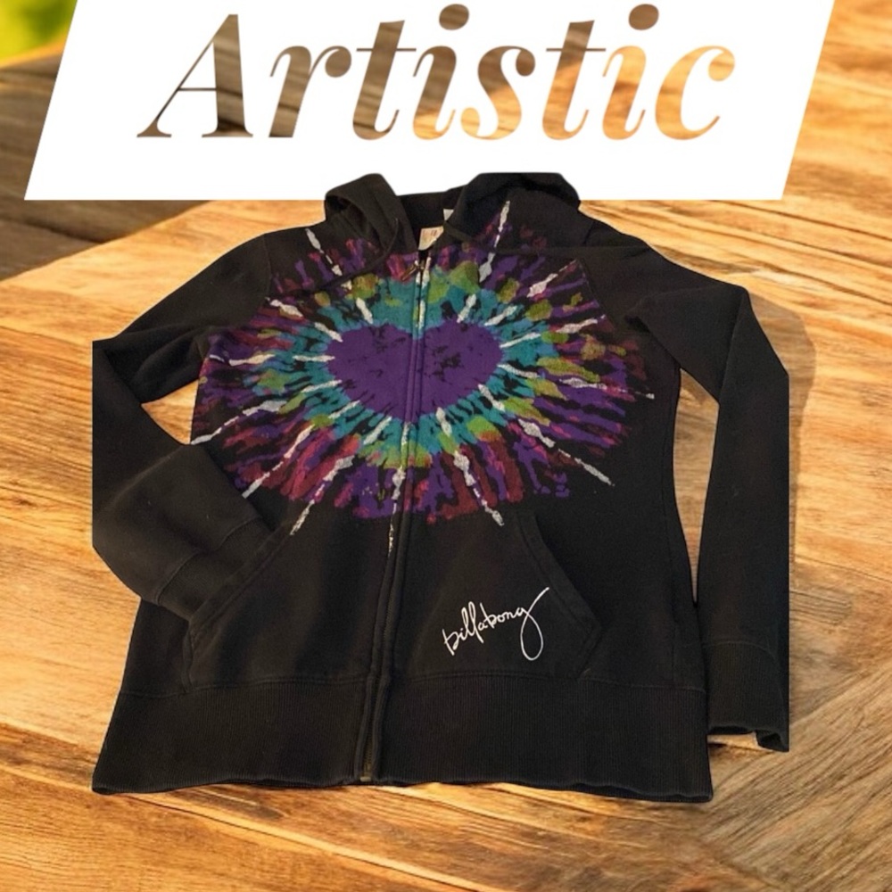 VINTAGE Black Billabong Full Zip Hoodie  Hand painted Center Design, size Medium - Picture 6 of 12